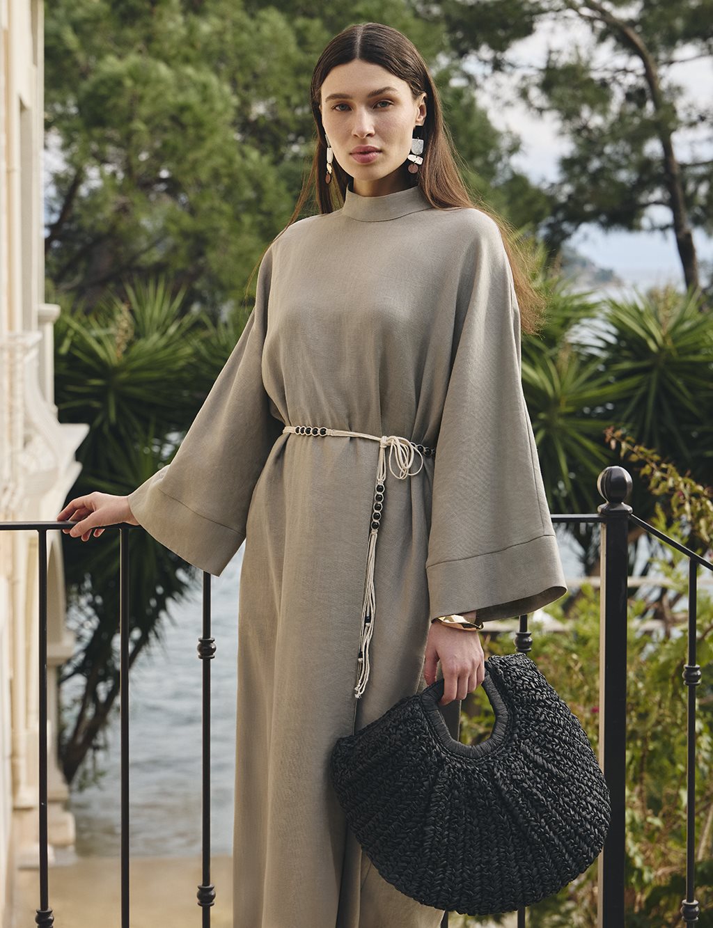 Cotton Linen Dress with Rope Belt Dark Mink