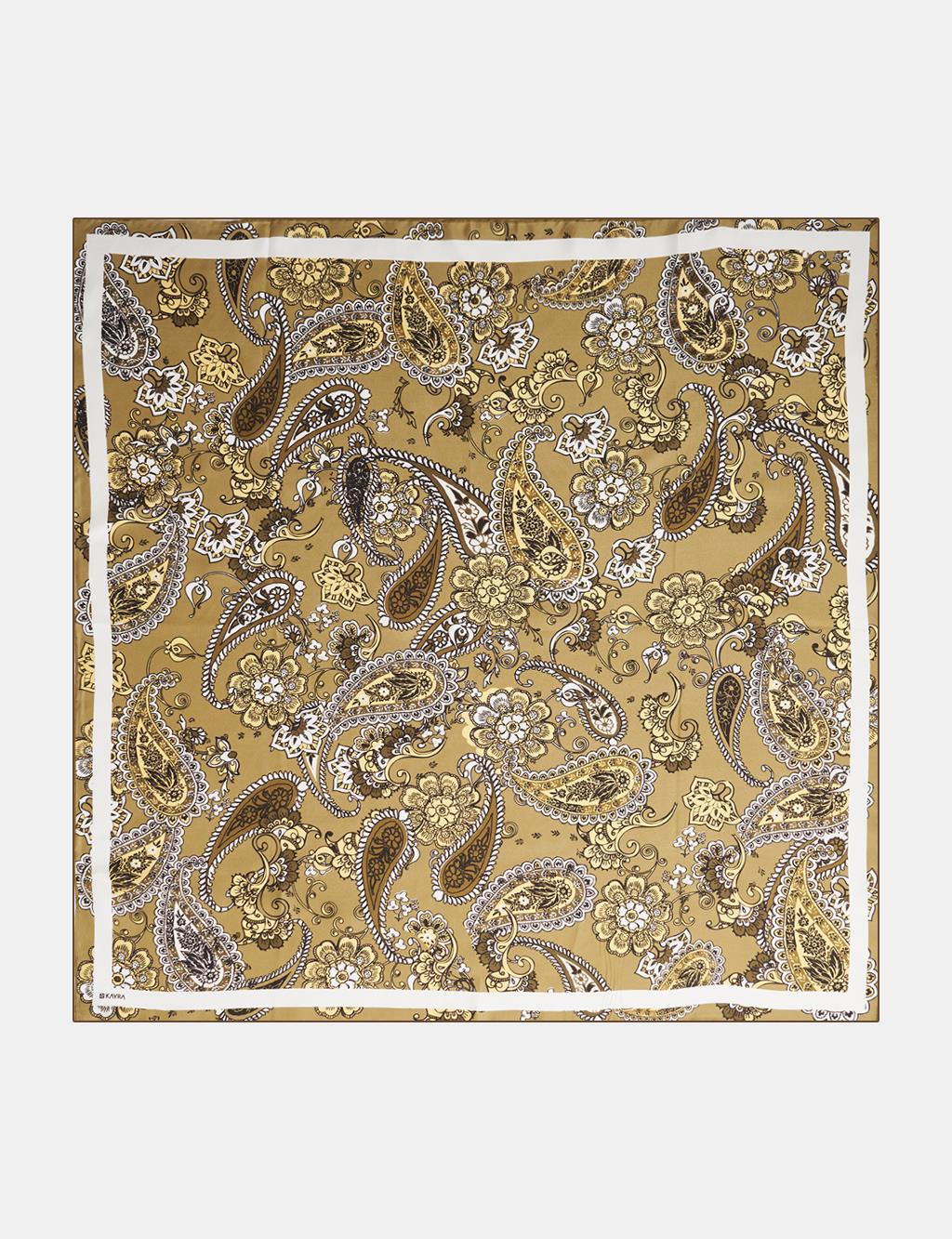 Ethnic Pattern Silk Scarf Khaki