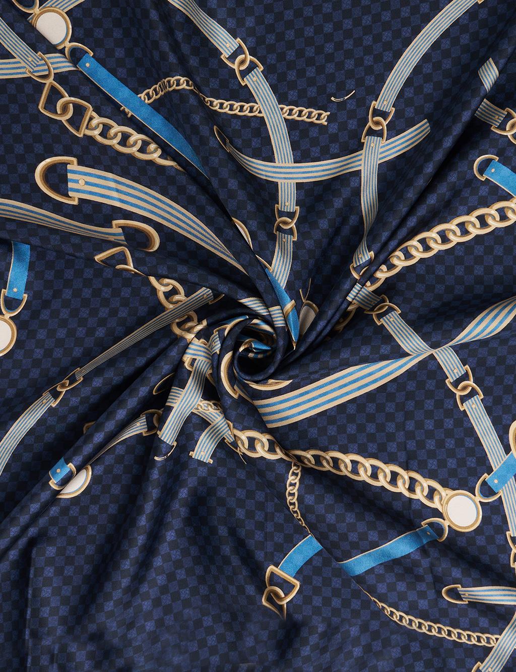 Chain Pattern Silk Scarf Navy