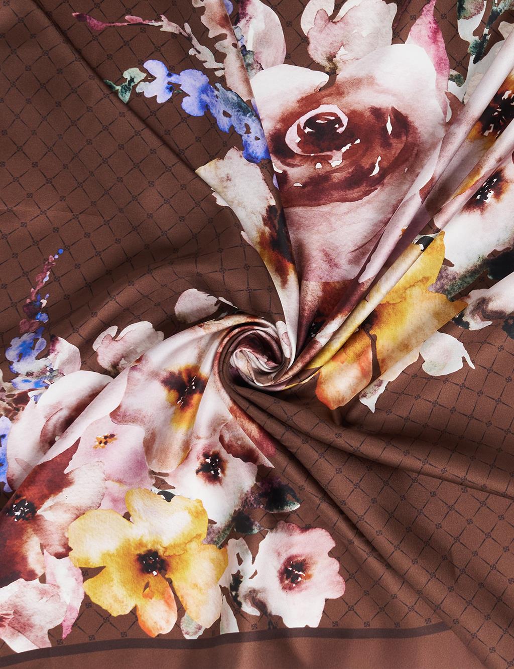 Monogram Floral Silk Scarf Dark Brown