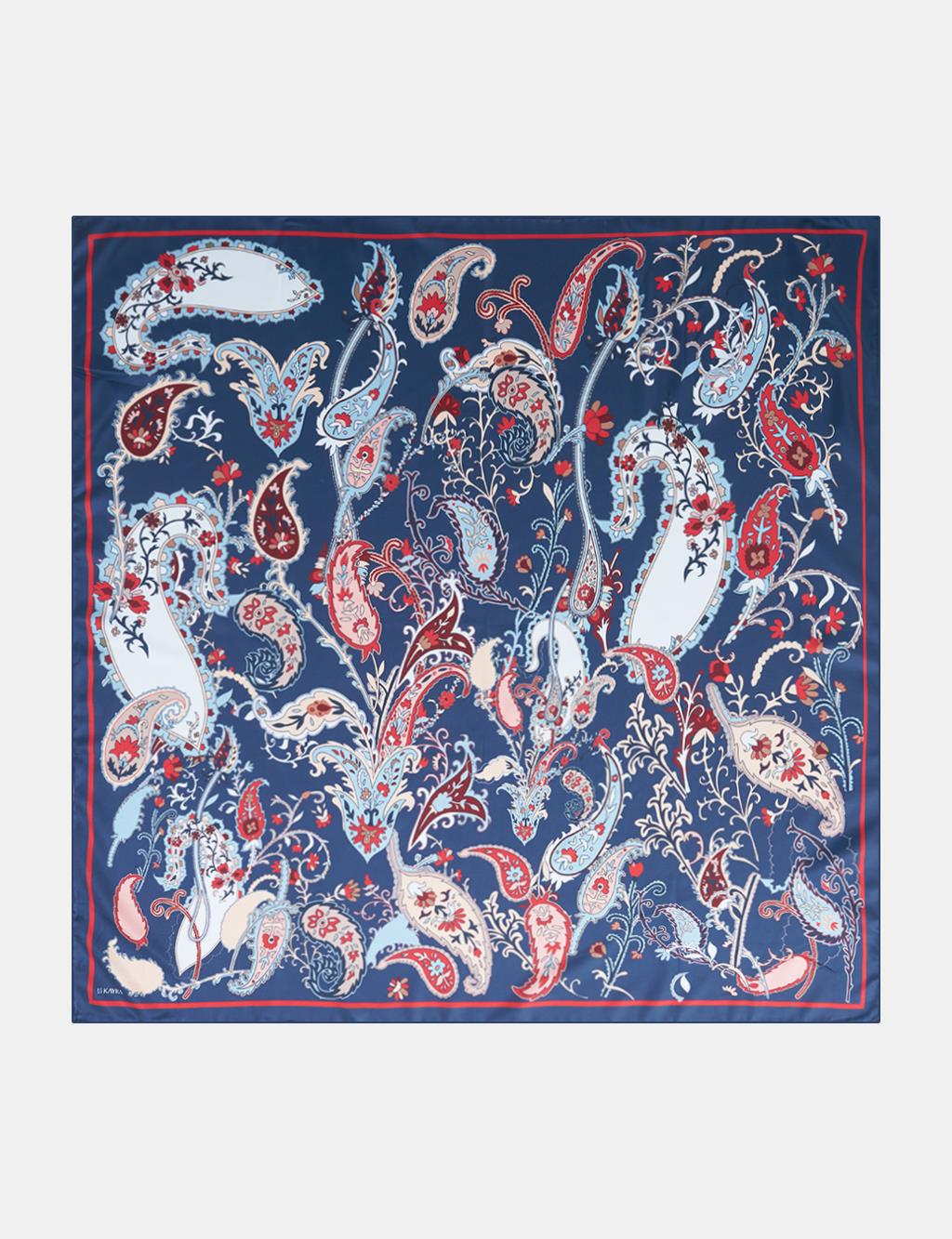 Ethnic Teardrop Pattern Scarf Navy -Cherry
