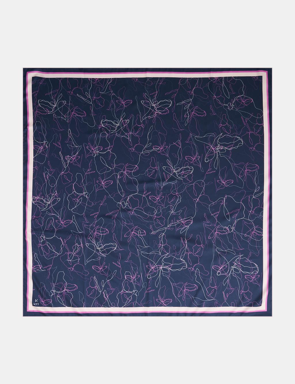 Linear Floral Pattern Scarf Navy Blue-Pink