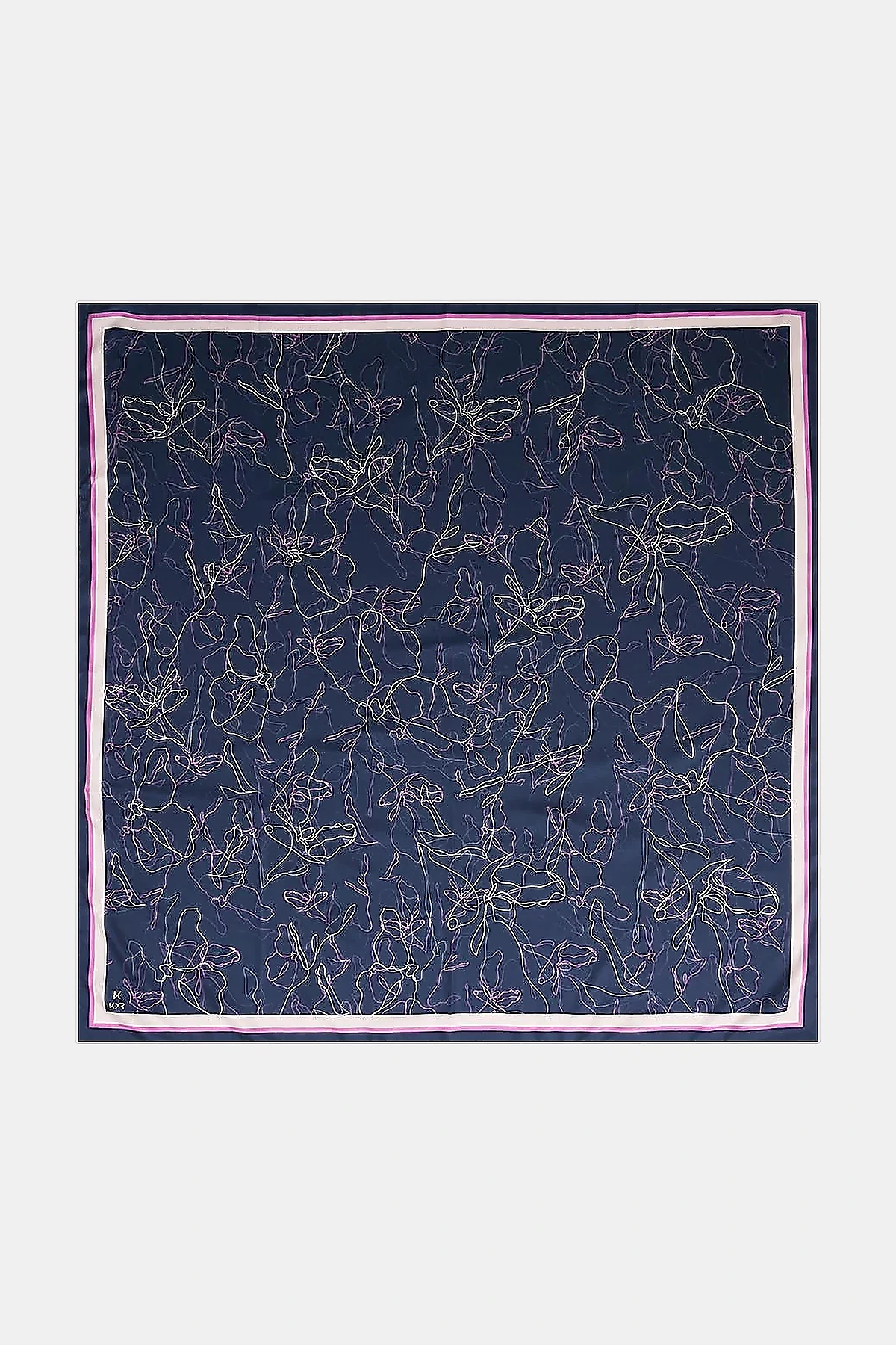 Linear Floral Pattern Scarf Navy Blue-Pink