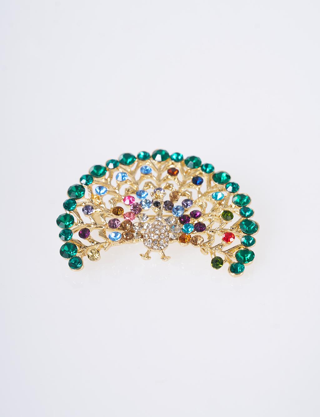 Colorful Stone Peacock Brooch Gold