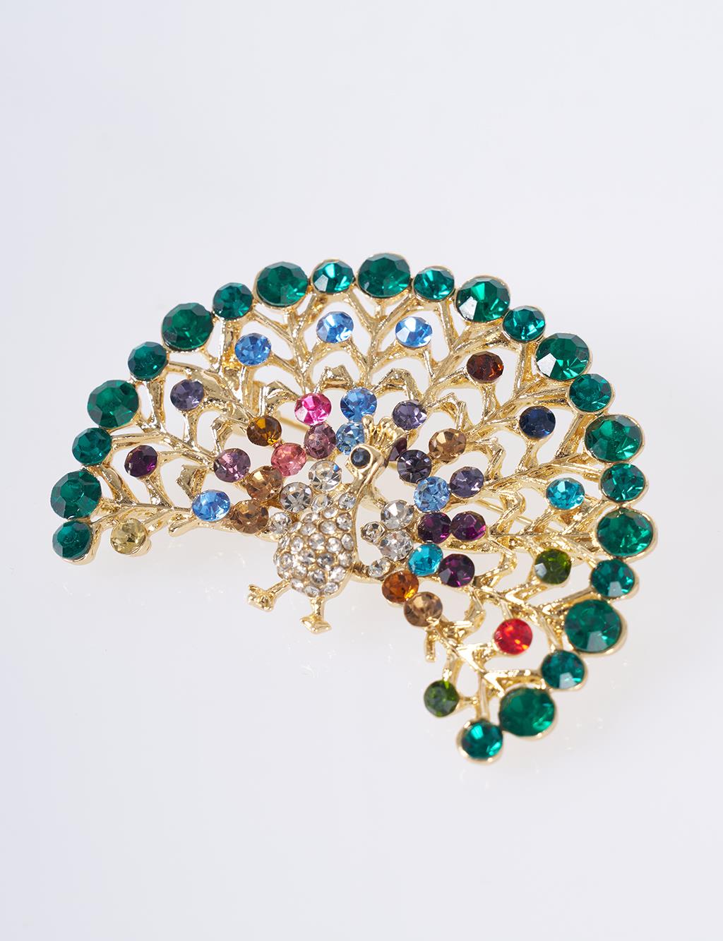 Colorful Stone Peacock Brooch Gold