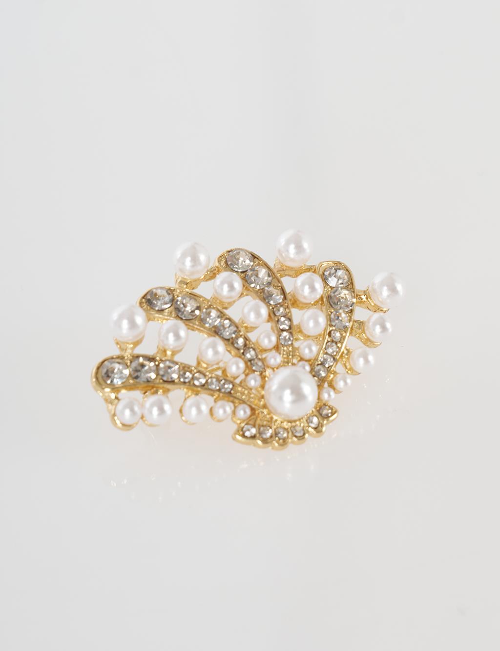 Pearl Detail Oyster Figure Brooch Gold