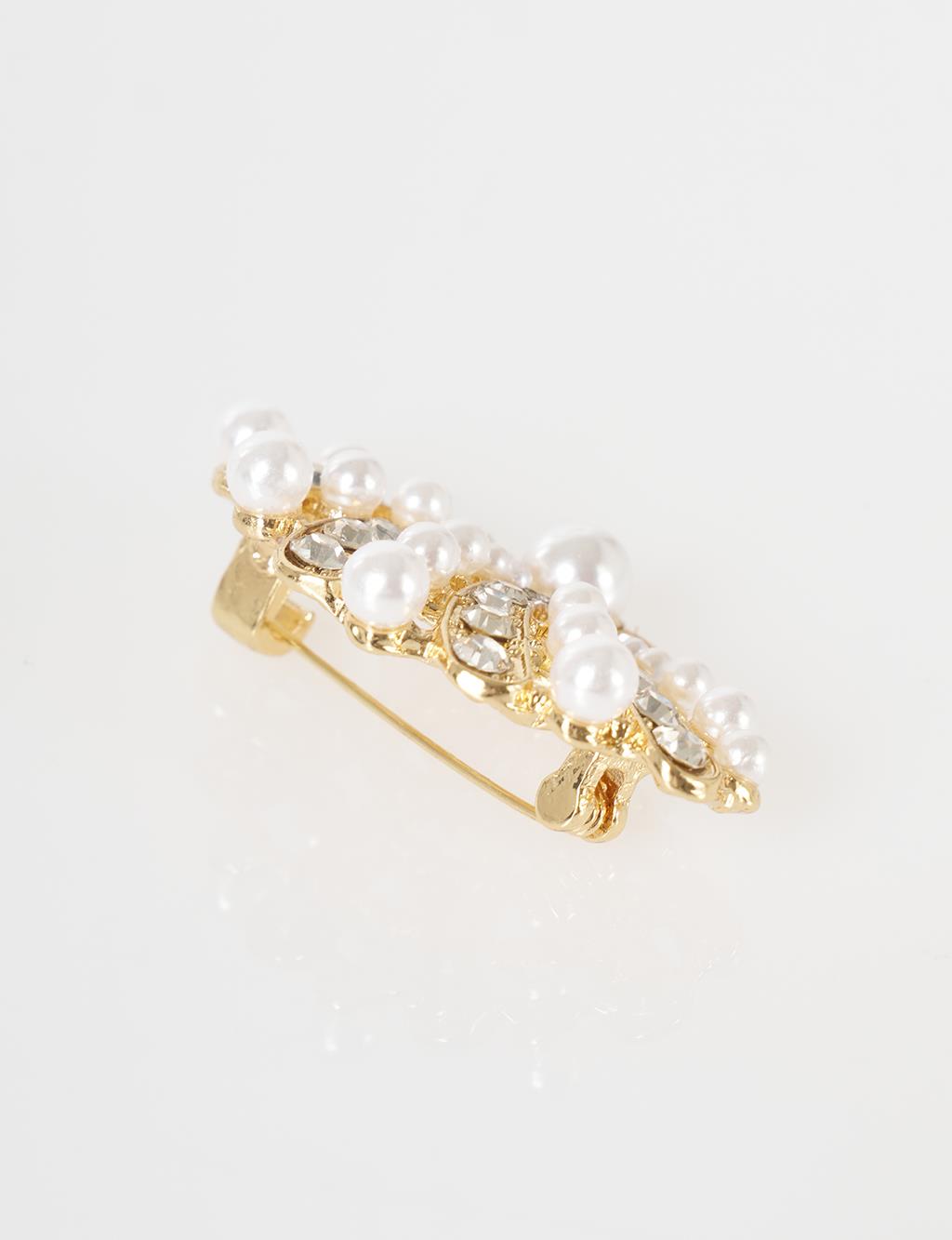 Pearl Detail Oyster Figure Brooch Gold