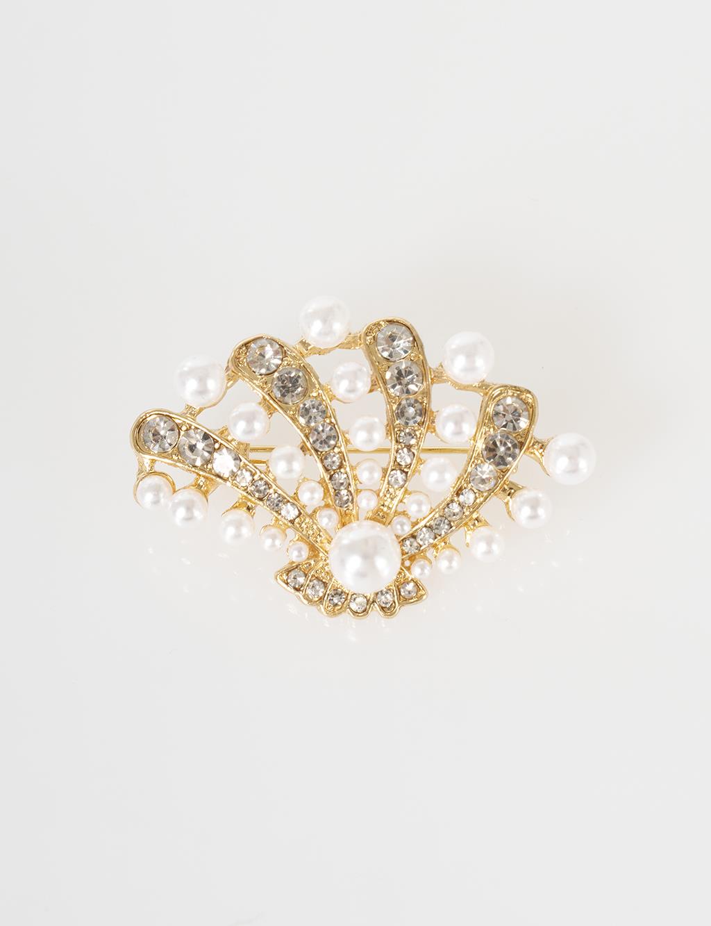 Pearl Detail Oyster Figure Brooch Gold