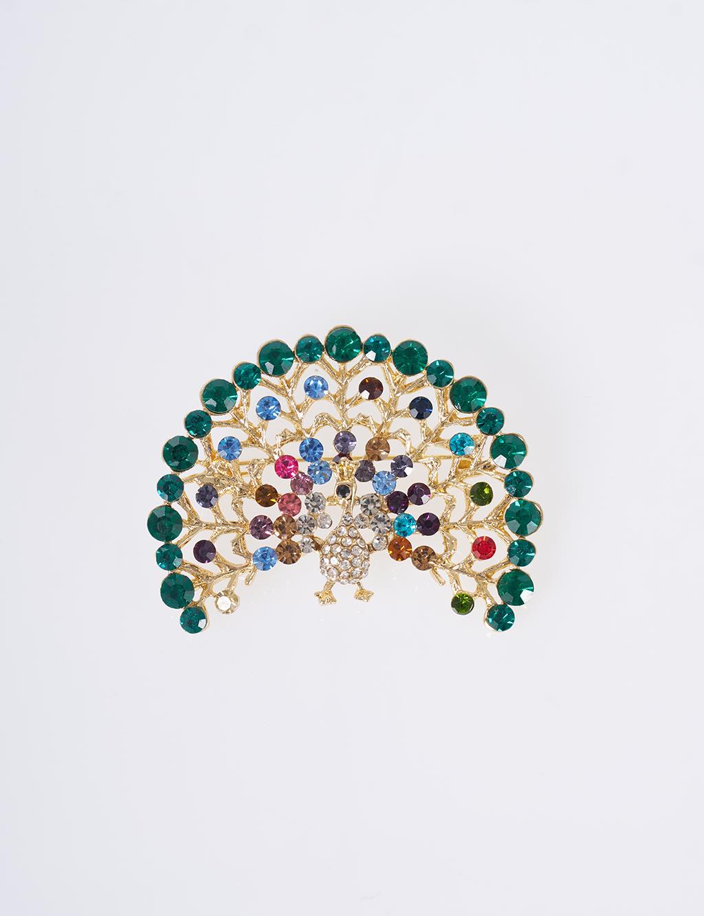Colorful Stone Peacock Brooch Gold