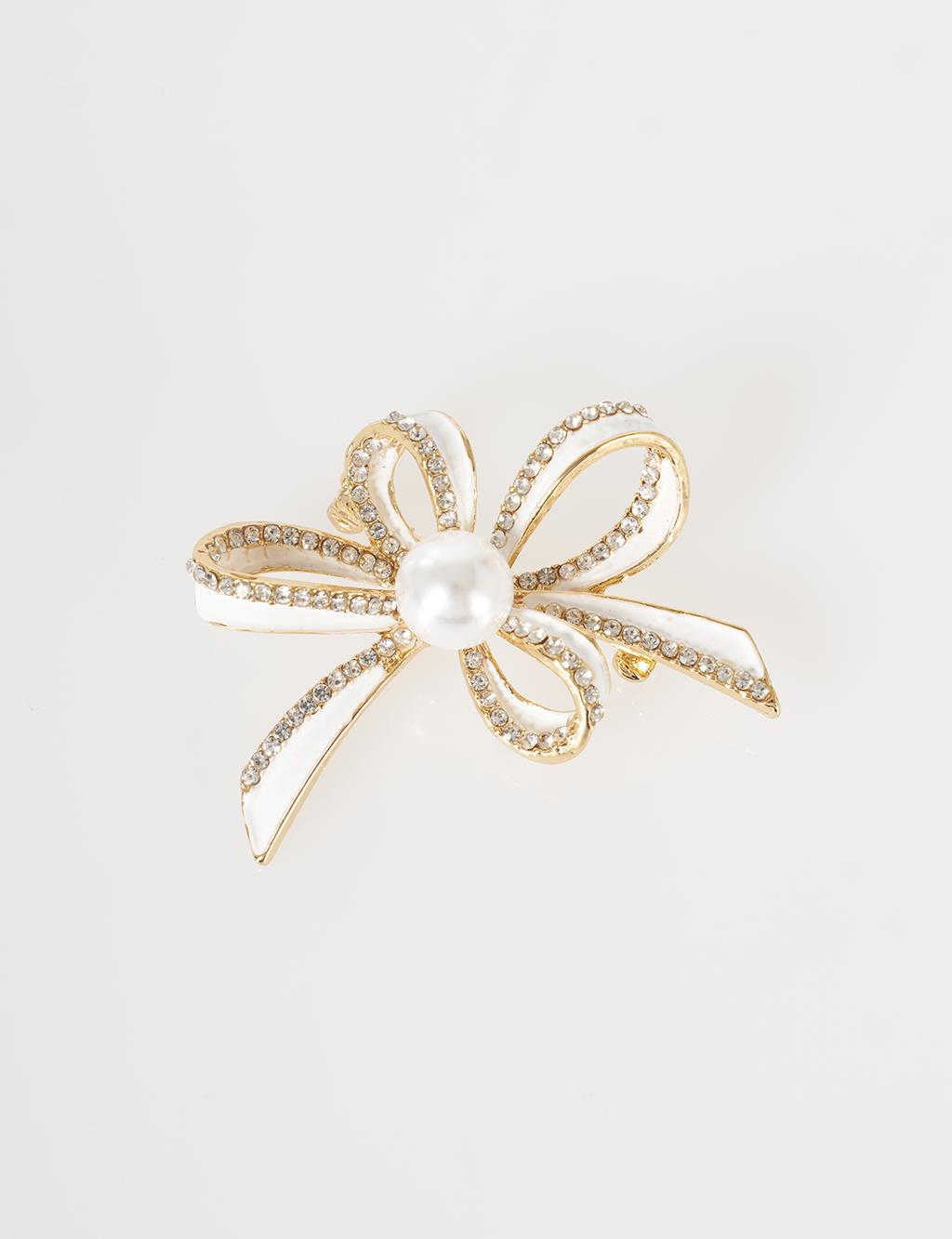 Pearl Detail Bow Brooch Gold