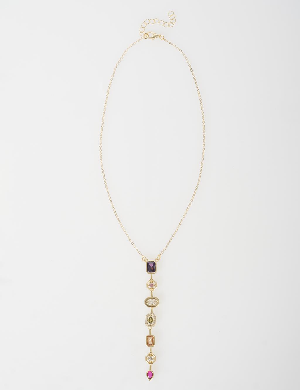Colorful Stone Geometric Y Necklace Gold