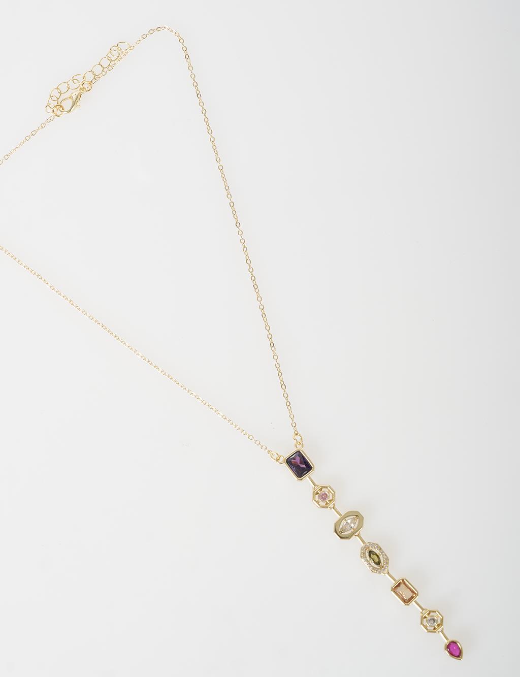 Colorful Stone Geometric Y Necklace Gold