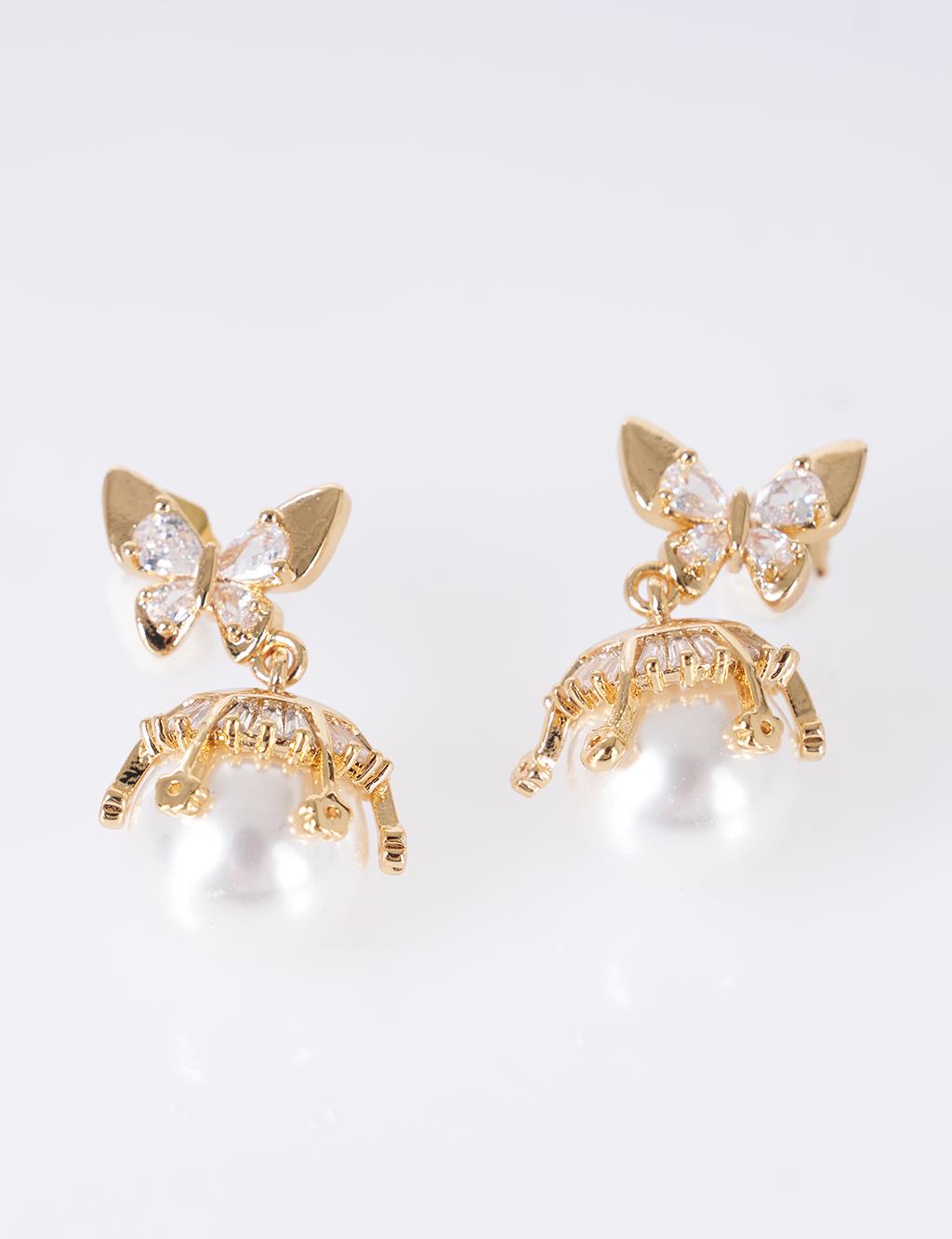 Butterfly Pearl Dangle Earrings Gold