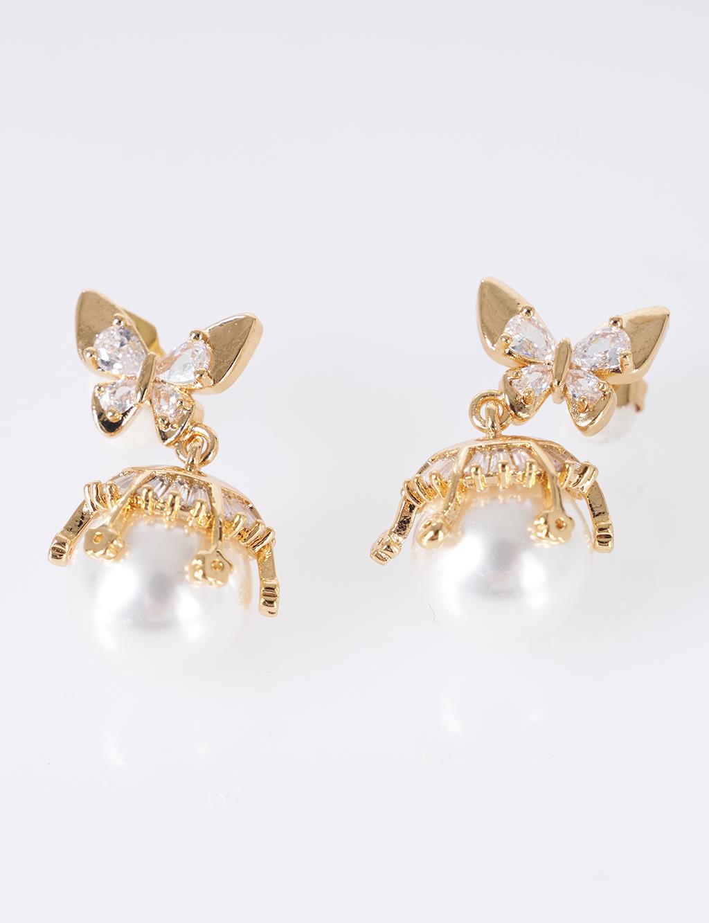 Butterfly Pearl Dangle Earrings Gold