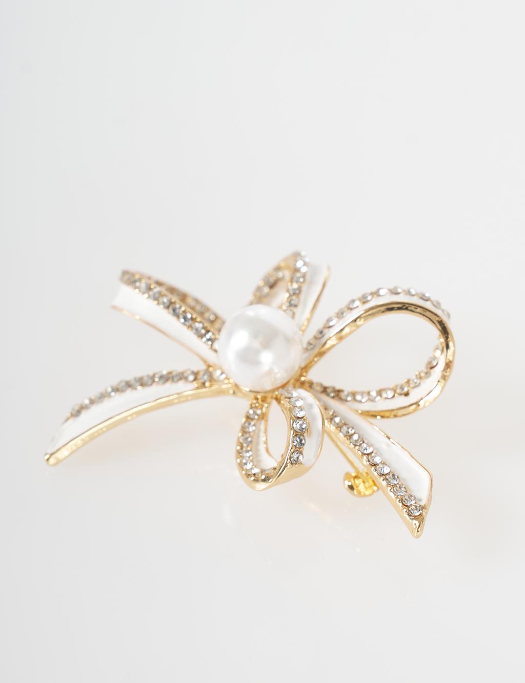 Pearl Detail Bow Brooch Gold