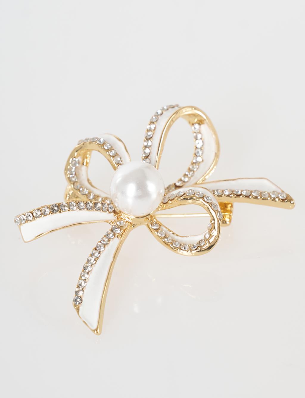 Pearl Detail Bow Brooch Gold