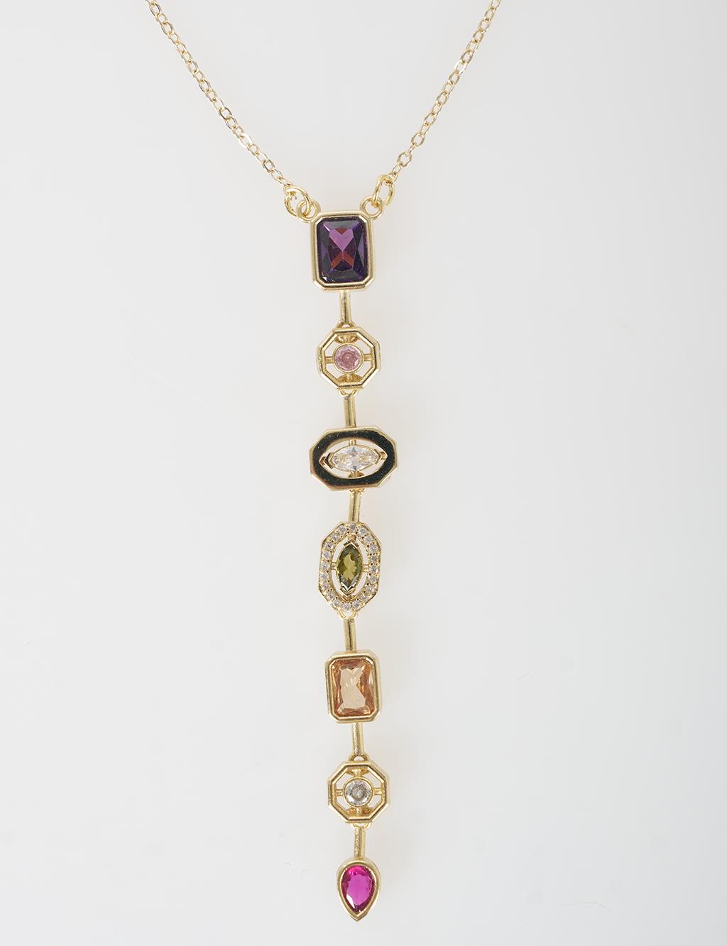 Colorful Stone Geometric Y Necklace Gold