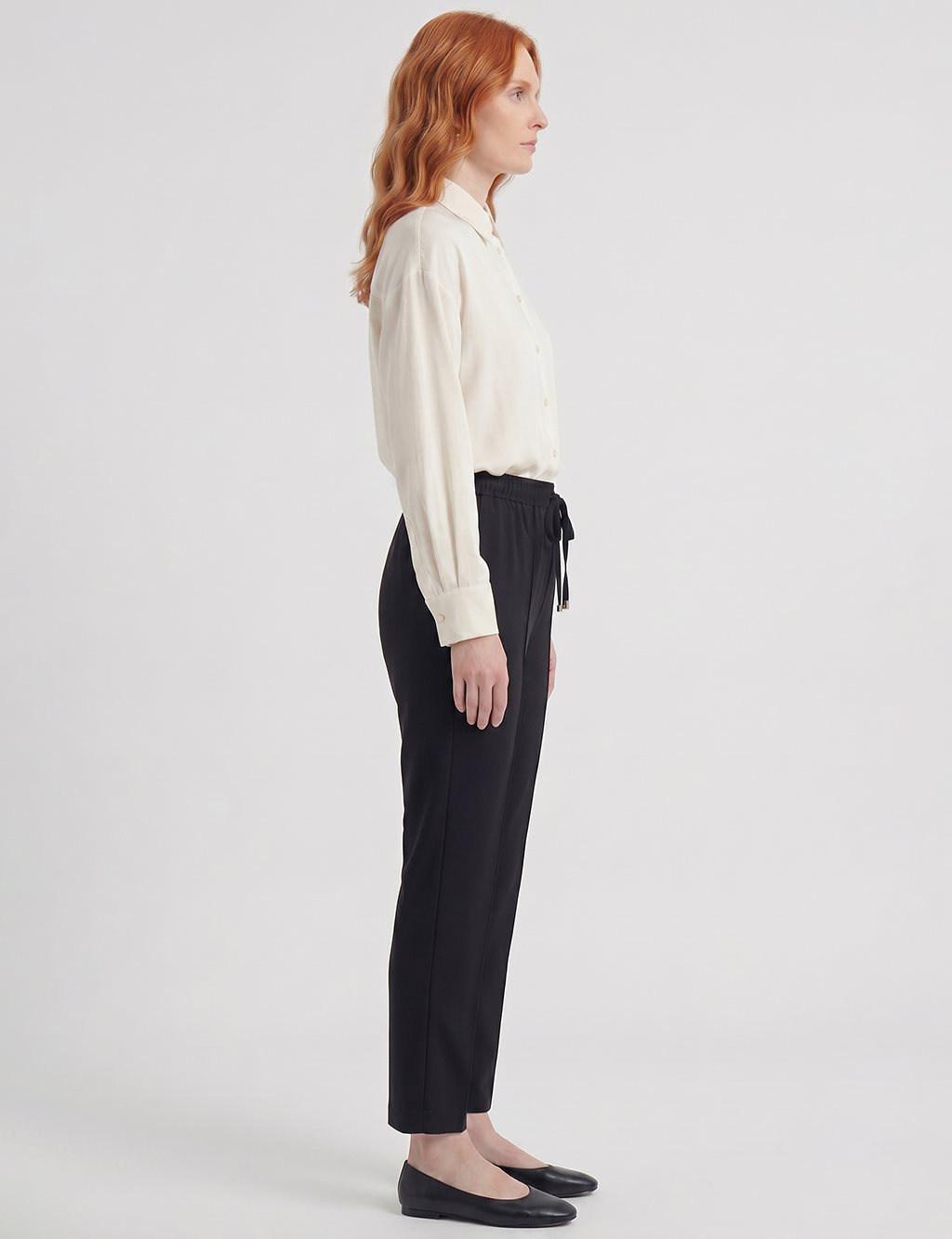 Topstitched Tie-Waist Fabric Trousers Black