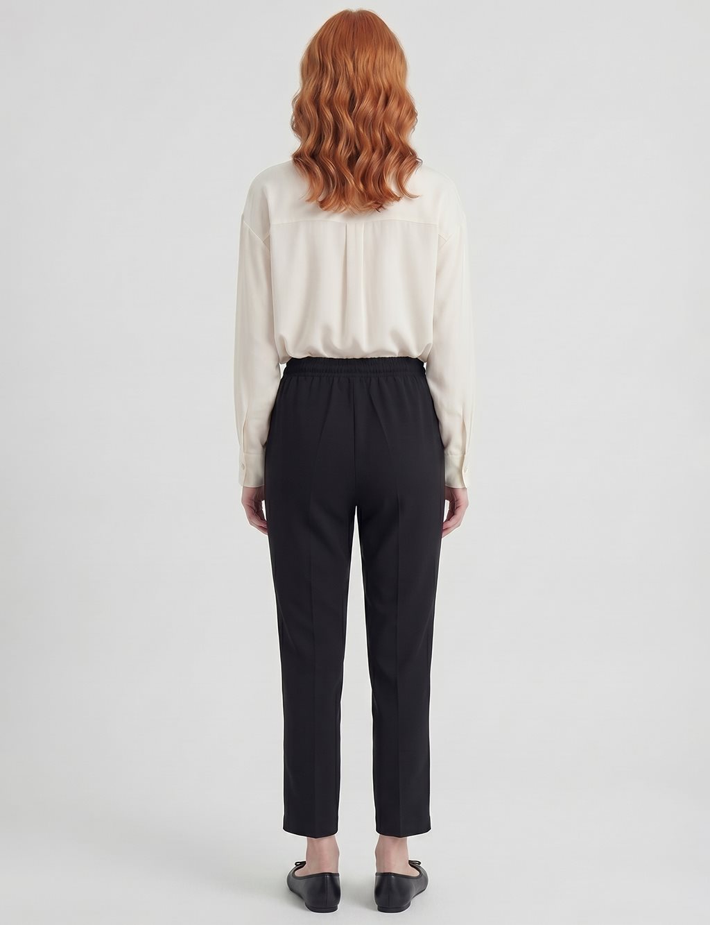 Topstitched Tie-Waist Fabric Trousers Black
