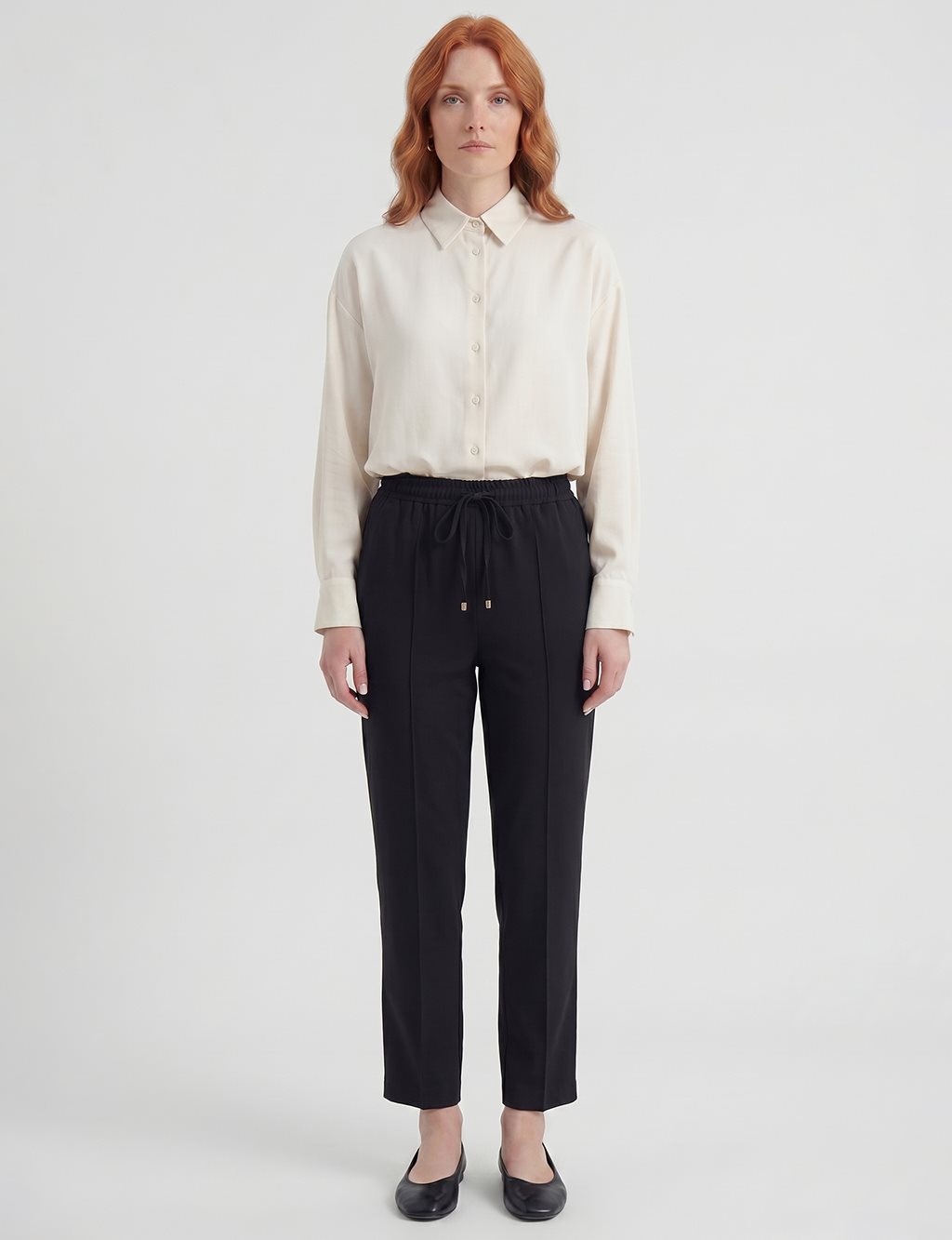 Topstitched Tie-Waist Fabric Trousers Black