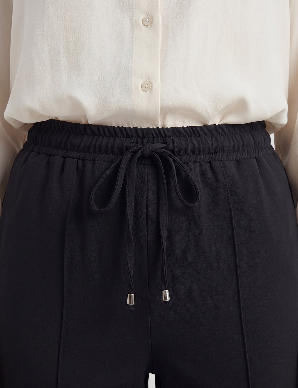 Topstitched Tie-Waist Fabric Trousers Black
