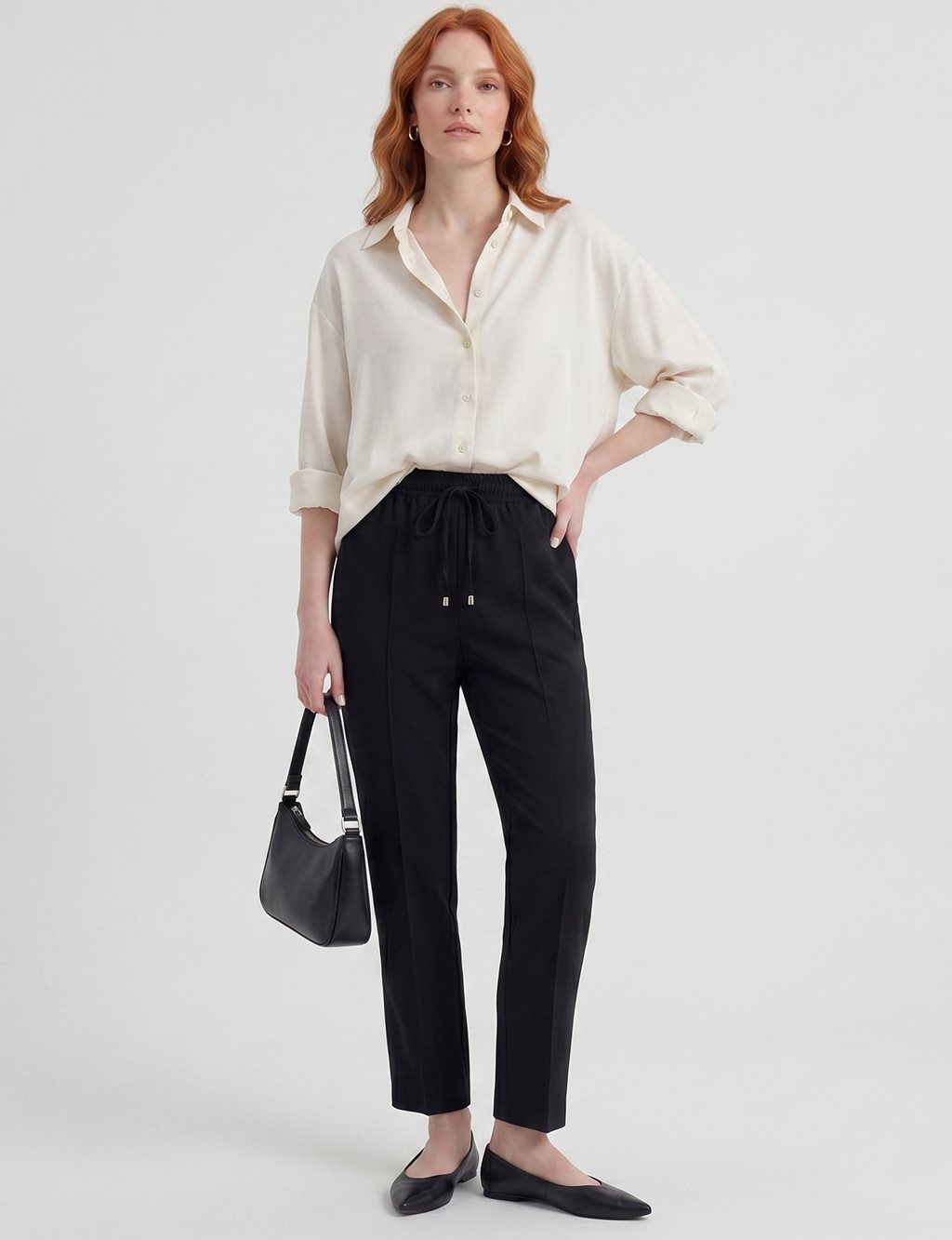 Topstitched Tie-Waist Fabric Trousers Black