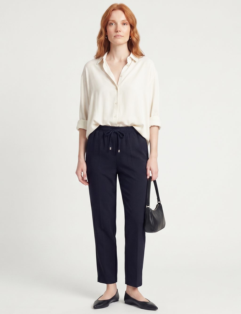 Topstitched Tie-Waist Fabric Trousers Dark Navy