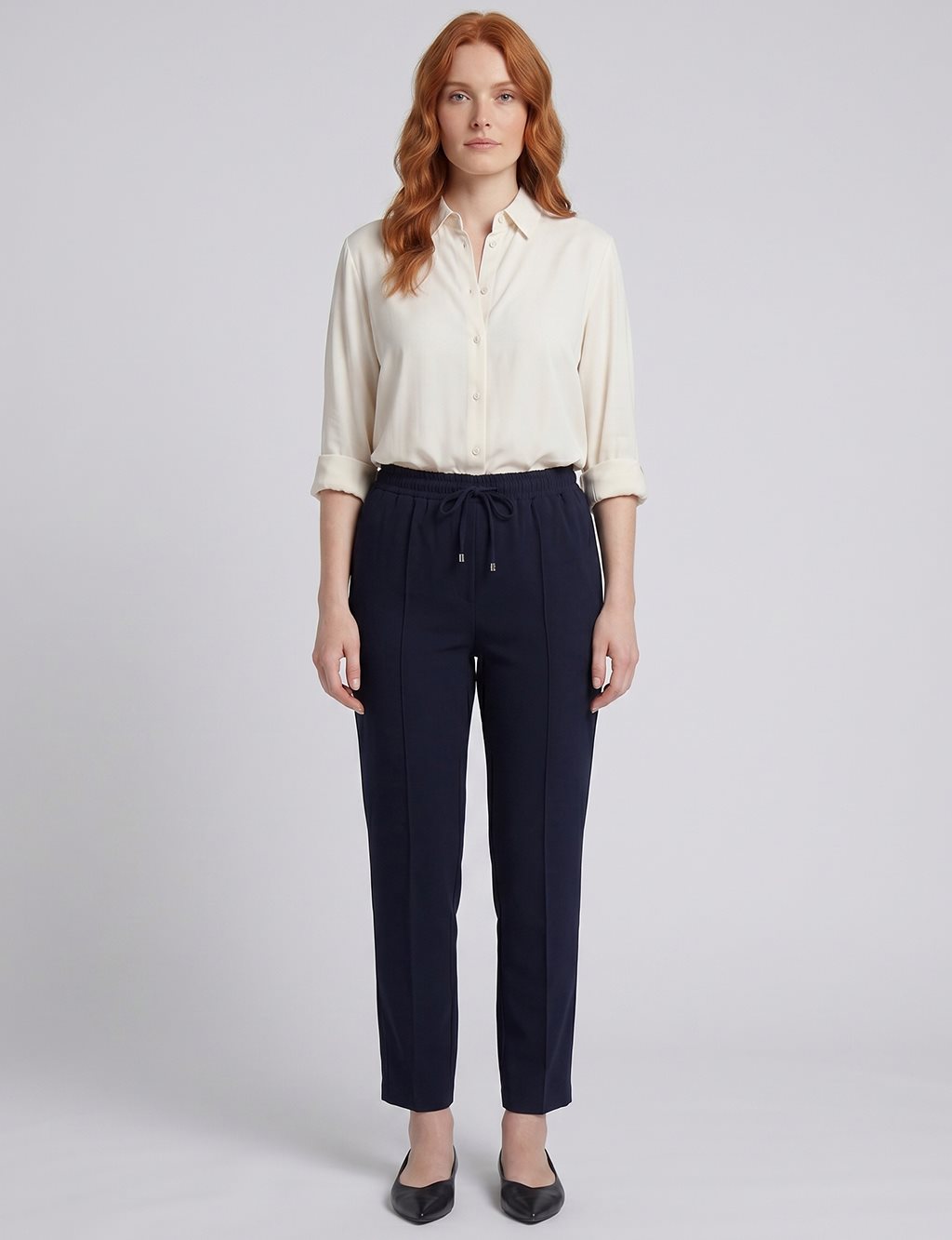 Topstitched Tie-Waist Fabric Trousers Dark Navy