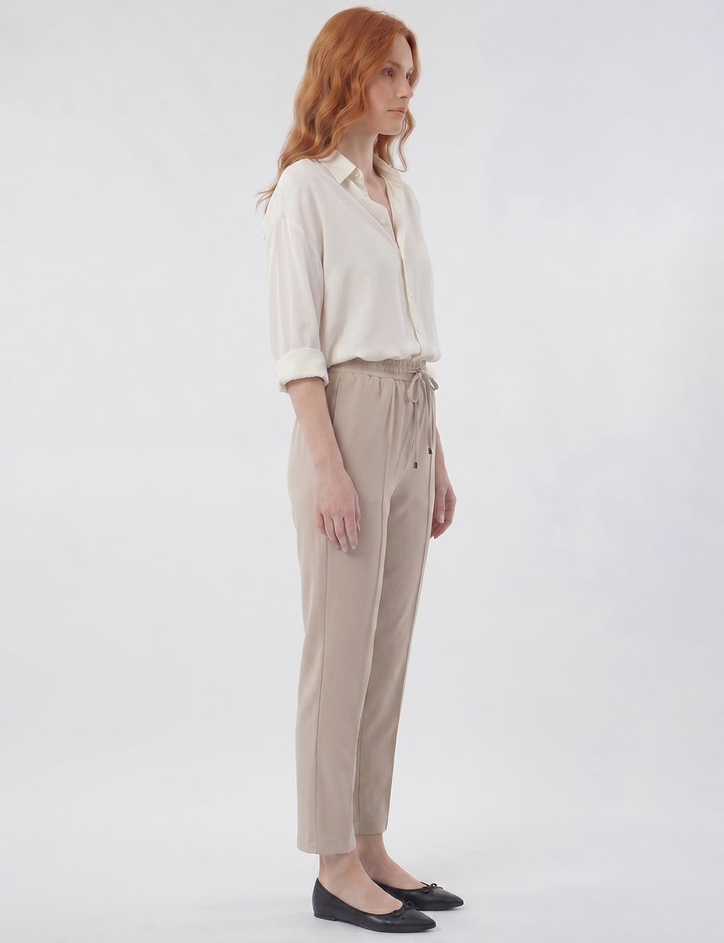 Topstitched Tie-Waist Fabric Trousers Beige