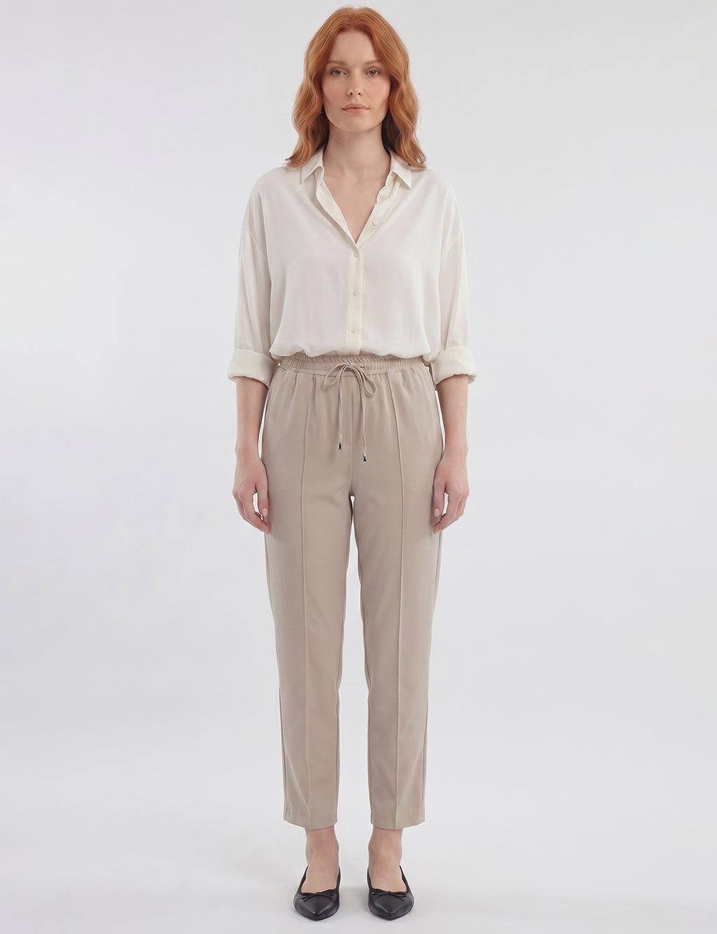 Topstitched Tie-Waist Fabric Trousers Beige