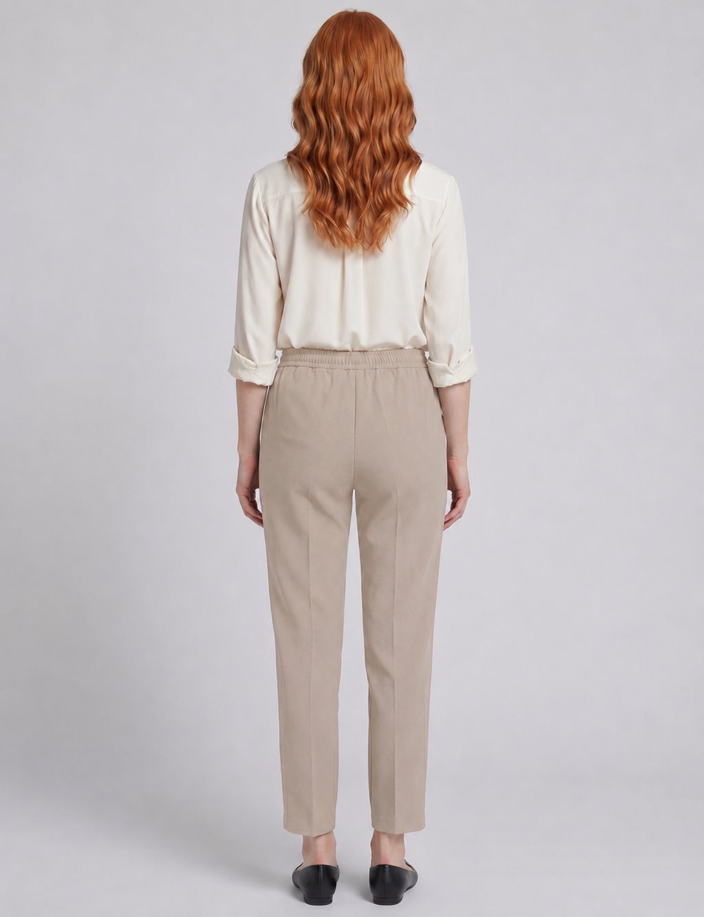 Topstitched Tie-Waist Fabric Trousers Beige