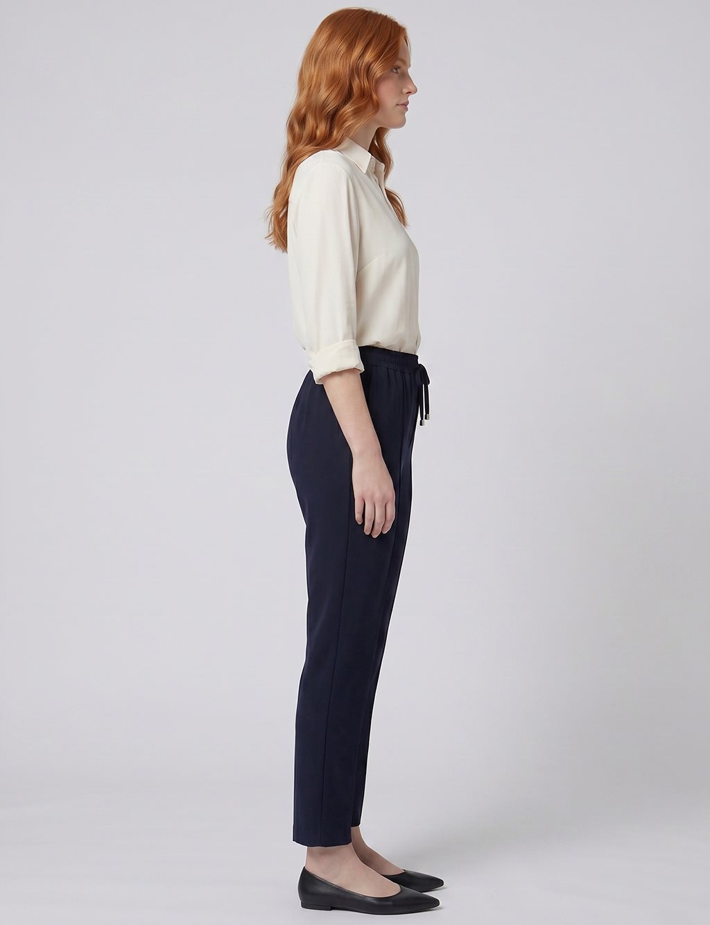 Topstitched Tie-Waist Fabric Trousers Dark Navy