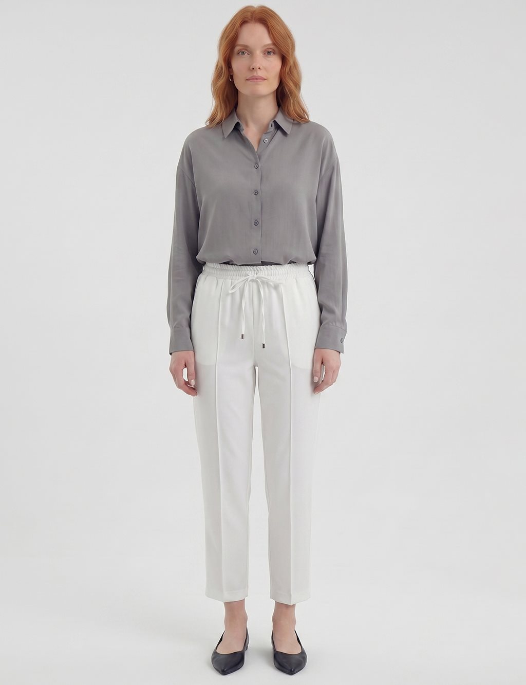 Topstitched Tie-Waist Fabric Trousers Optic White