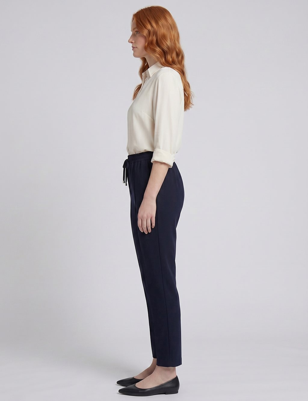 Topstitched Tie-Waist Fabric Trousers Dark Navy