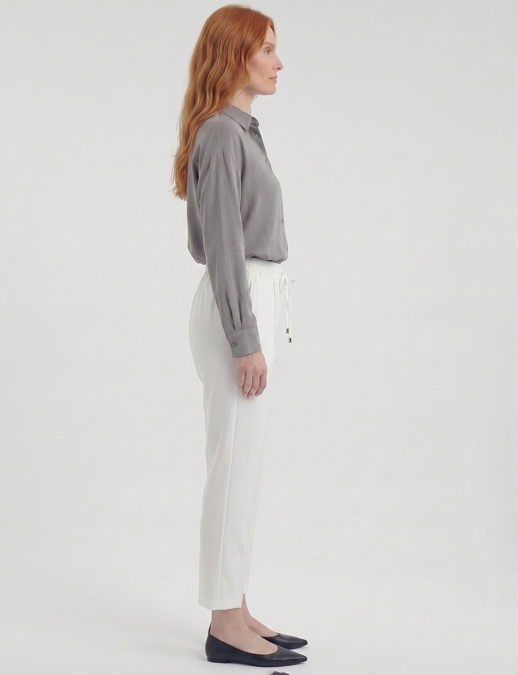 Topstitched Tie-Waist Fabric Trousers Optic White