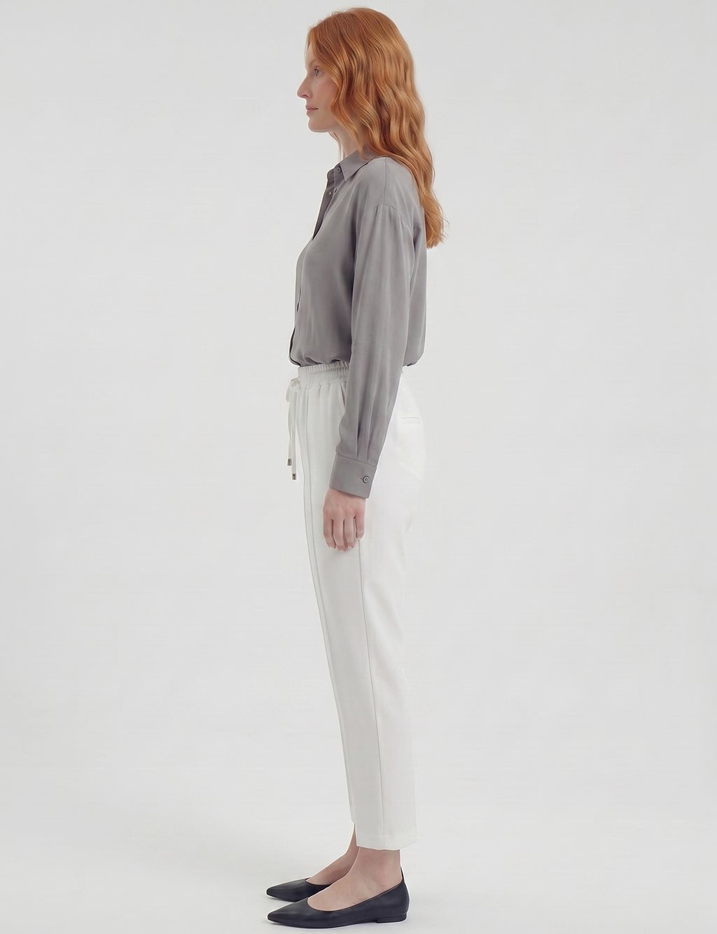 Topstitched Tie-Waist Fabric Trousers Optic White