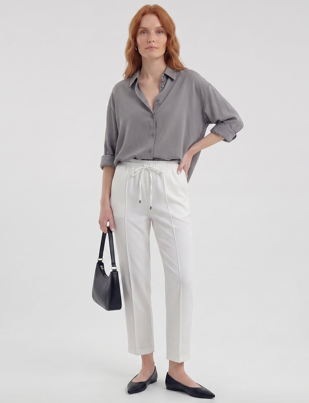Topstitched Tie-Waist Fabric Trousers Optic White