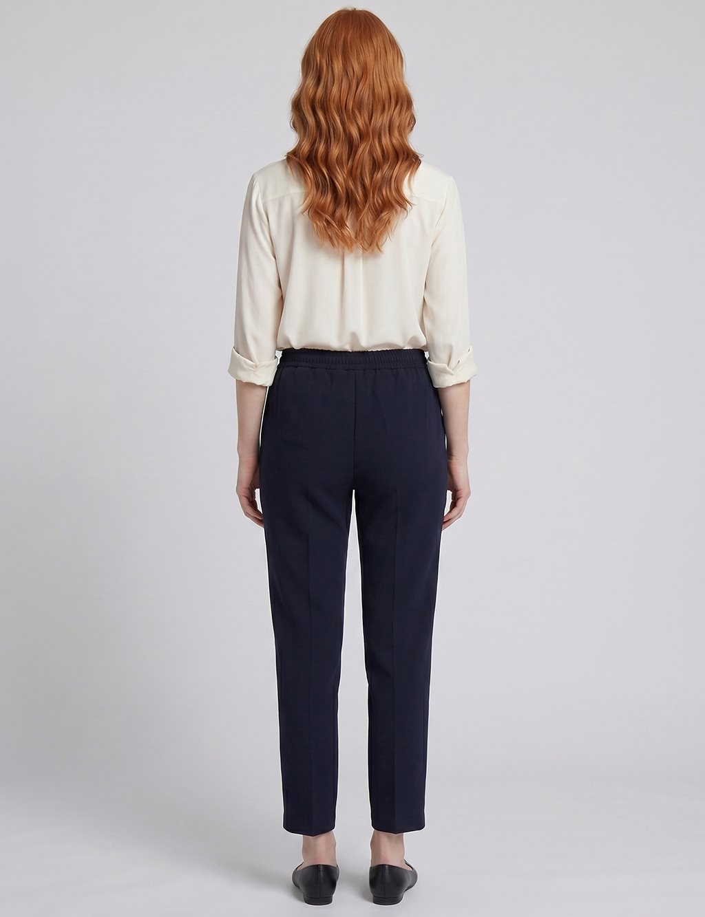 Topstitched Tie-Waist Fabric Trousers Dark Navy