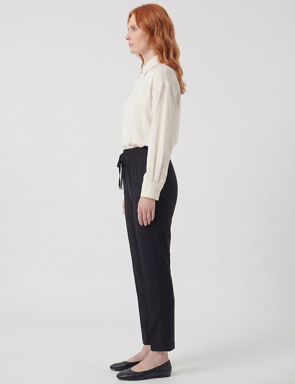 Topstitched Tie-Waist Fabric Trousers Black