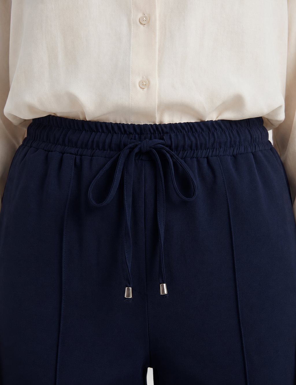 Topstitched Tie-Waist Fabric Trousers Dark Navy