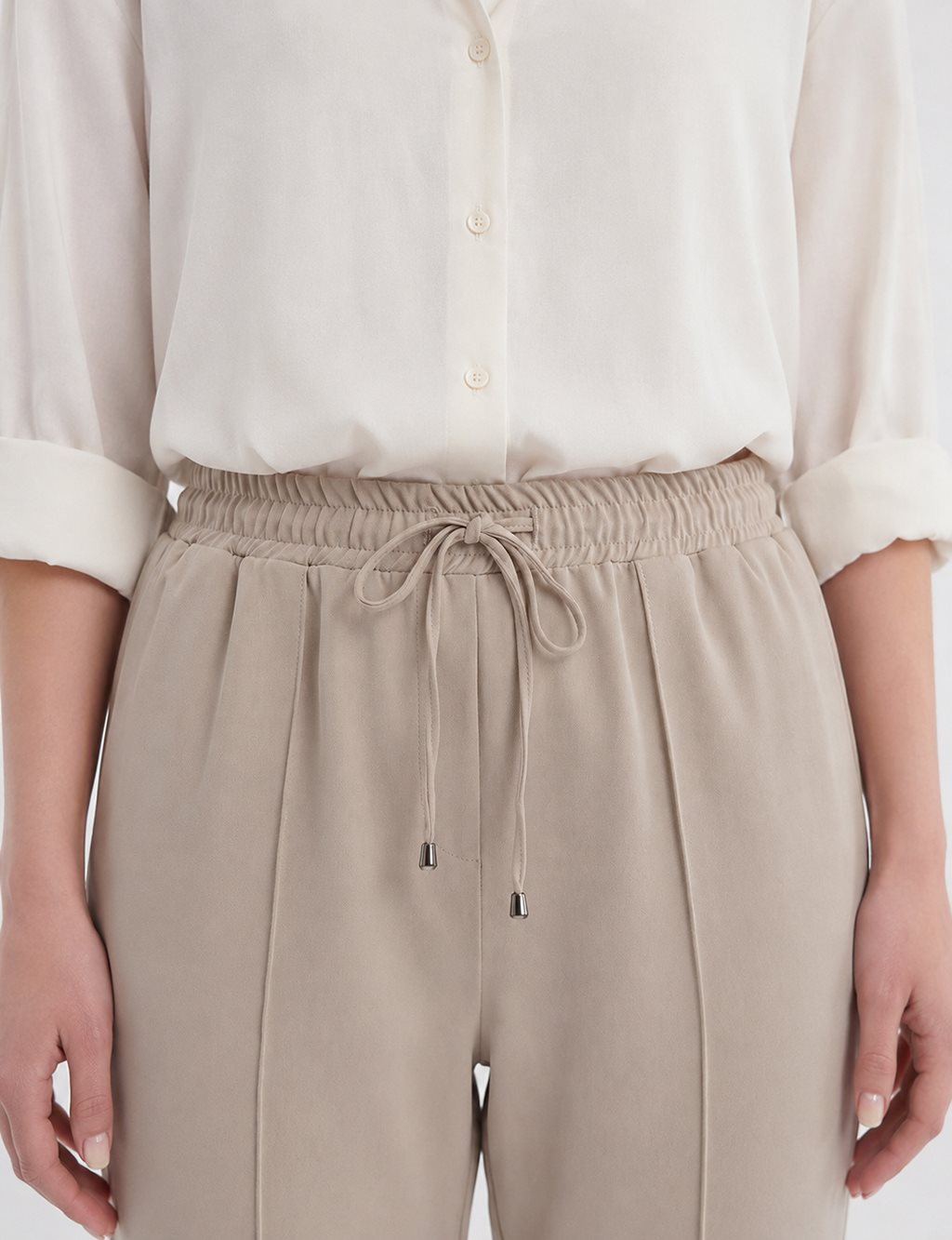 Topstitched Tie-Waist Fabric Trousers Beige