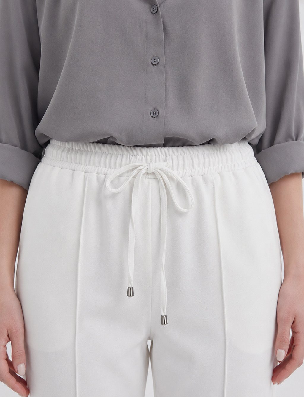 Topstitched Tie-Waist Fabric Trousers Optic White