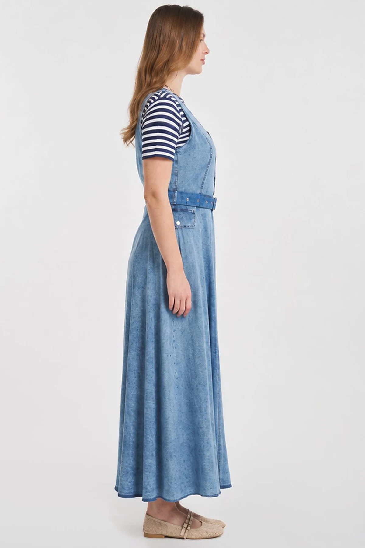 Kemer Detaylı Denim Elbise Mavi