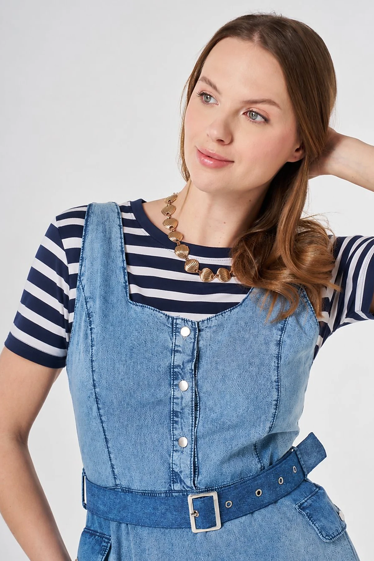 Kemer Detaylı Denim Elbise Mavi