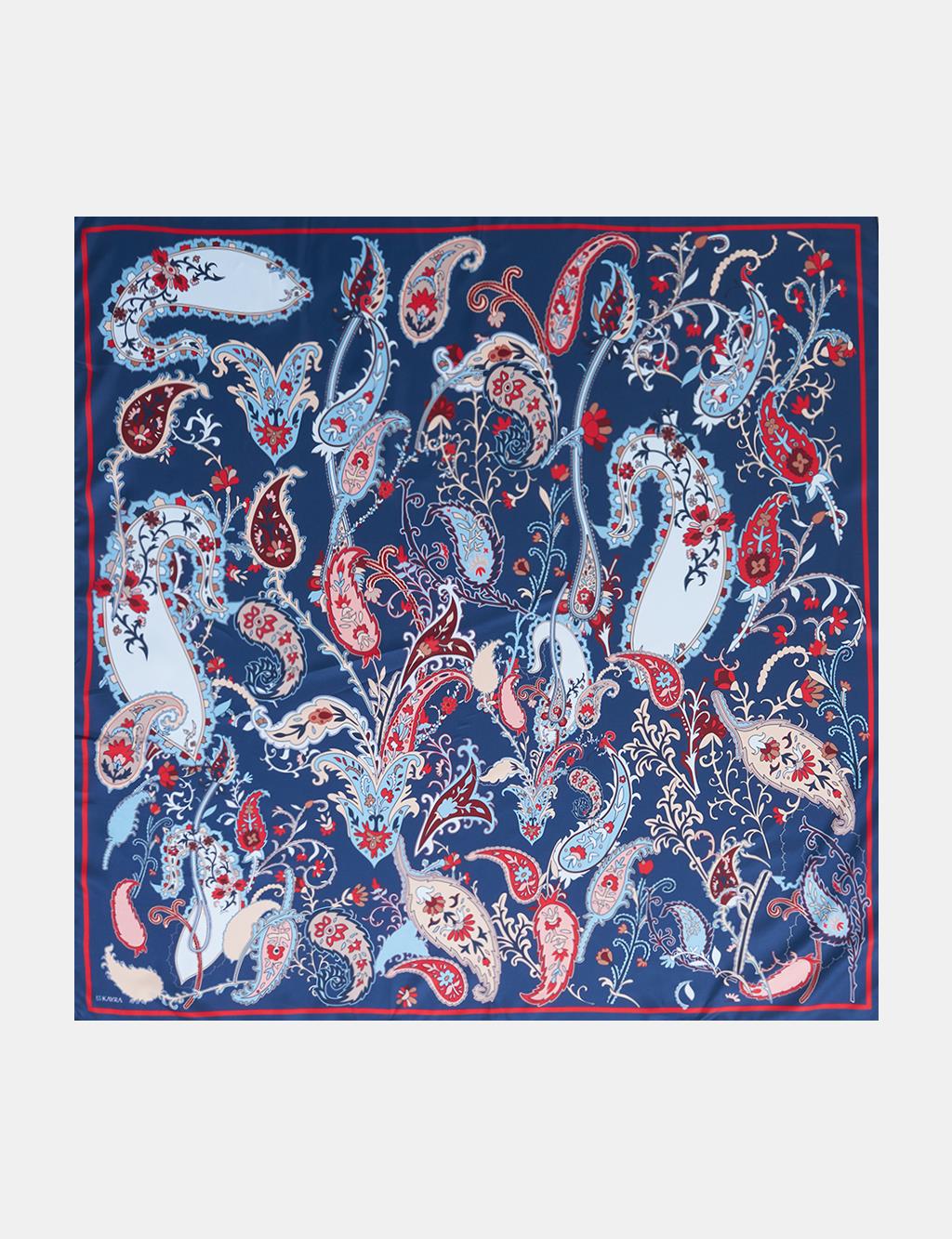 Ethnic Teardrop Pattern Scarf Navy -Cherry