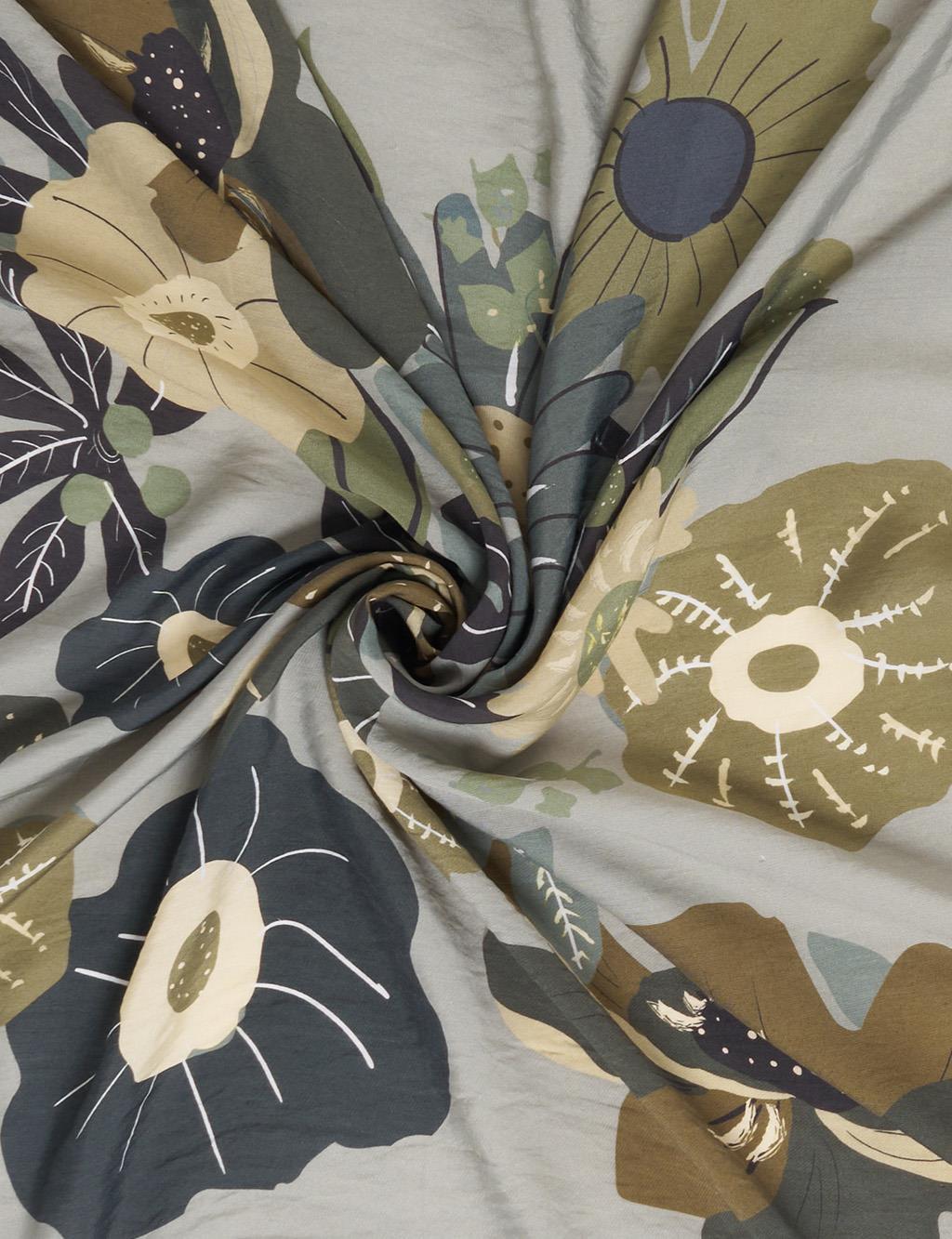 Multi Floral Pattern Viscose Scarf Moss Green