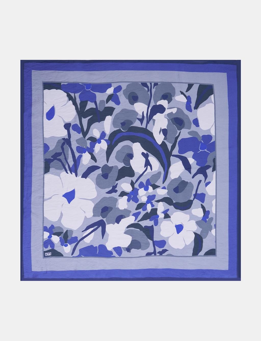 Retro Floral Pattern Viscose Scarf Indigo