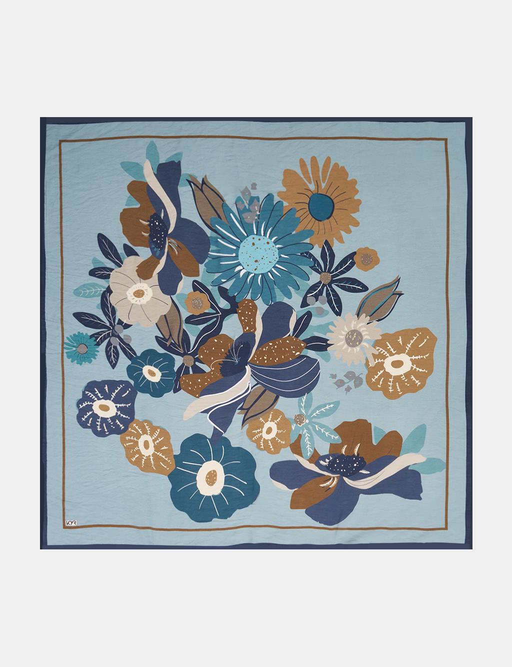 Multi Floral Pattern Viscose Scarf Blue