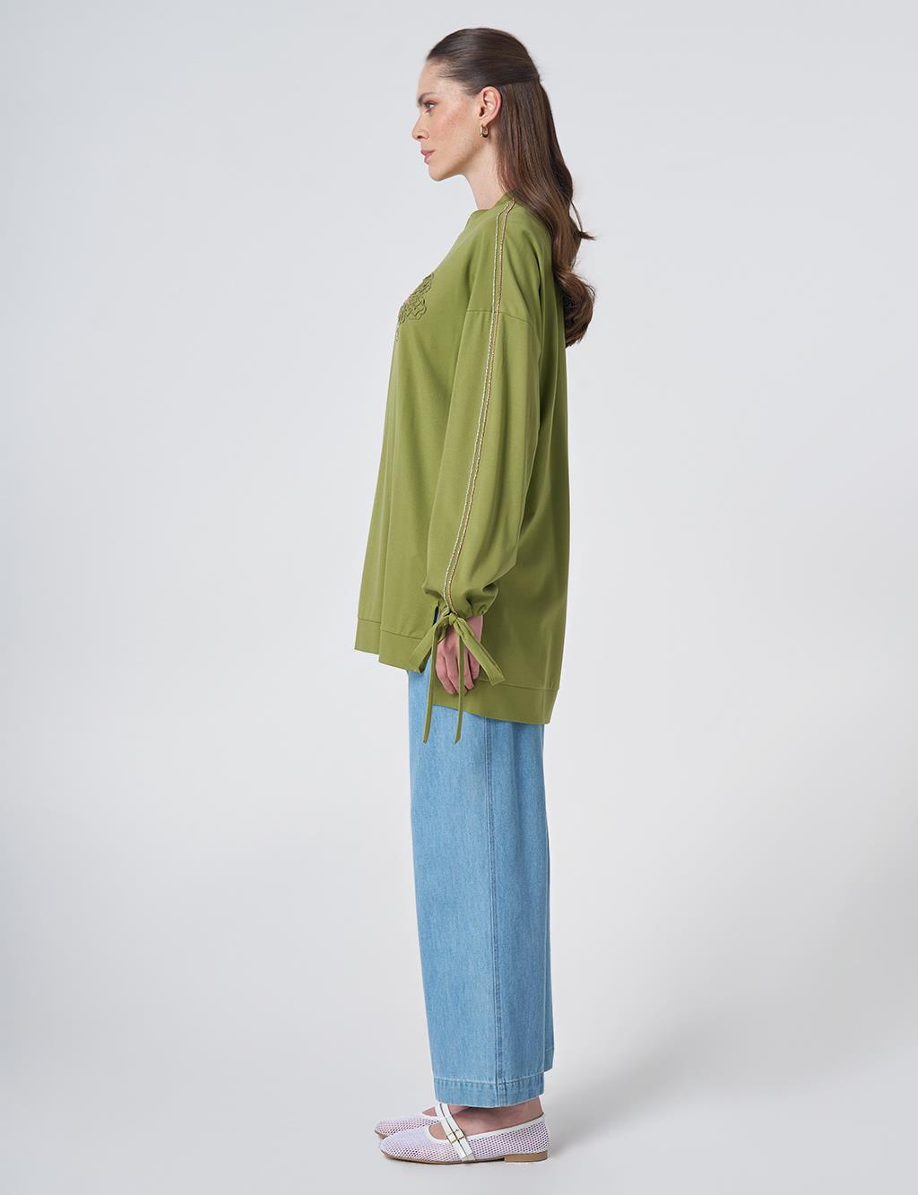Embroidered Drawstring Jersey Sweatshirt Matcha Green