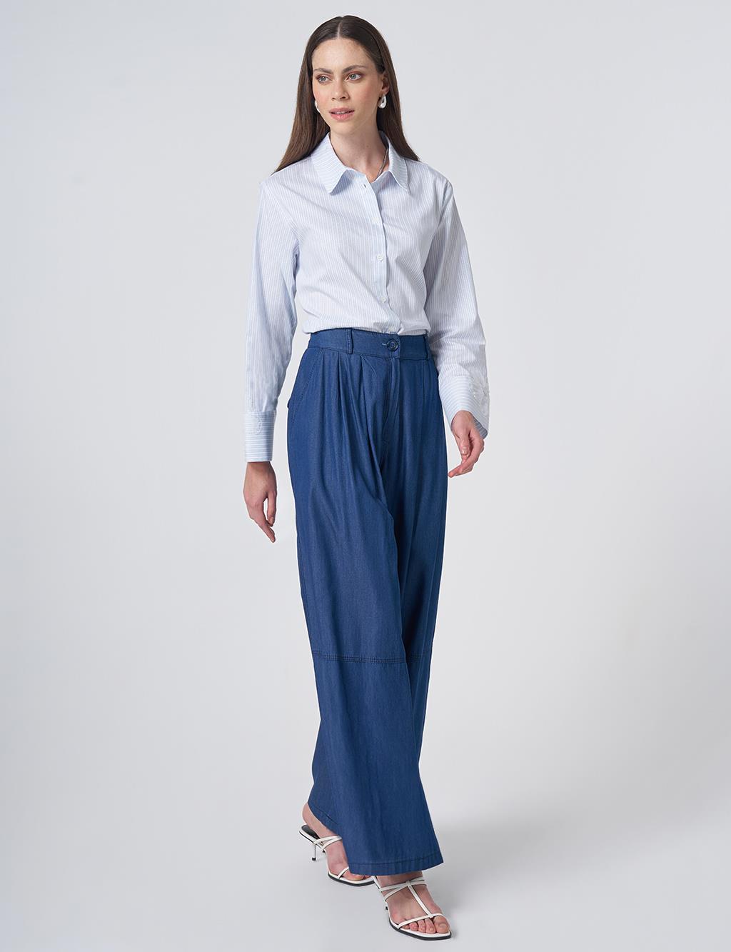 Button Detailed Pleated Trousers Indigo